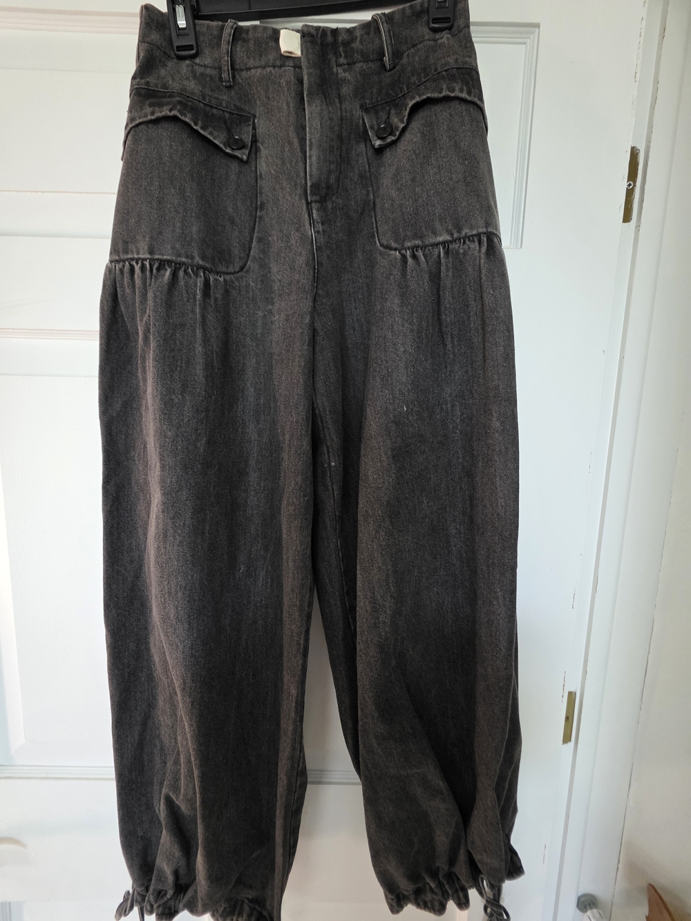 DAVI & DANI Washed Charcoal Wide Leg Jeans with Gathered Hems.